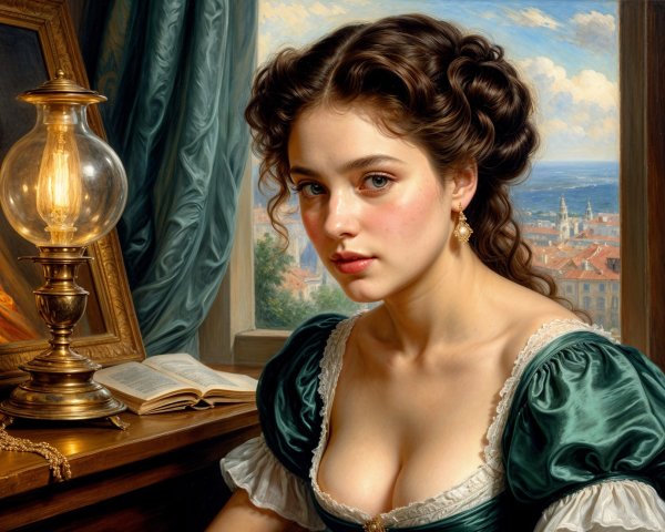 Young Woman in Green Gown by Window with Coastal View
