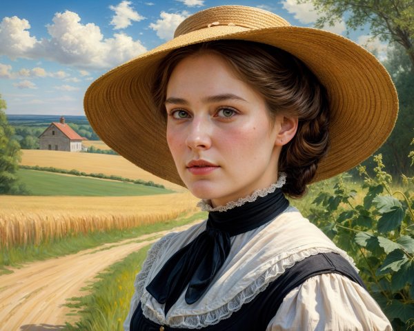 Young Woman in Vintage Dress in Sunlit Field