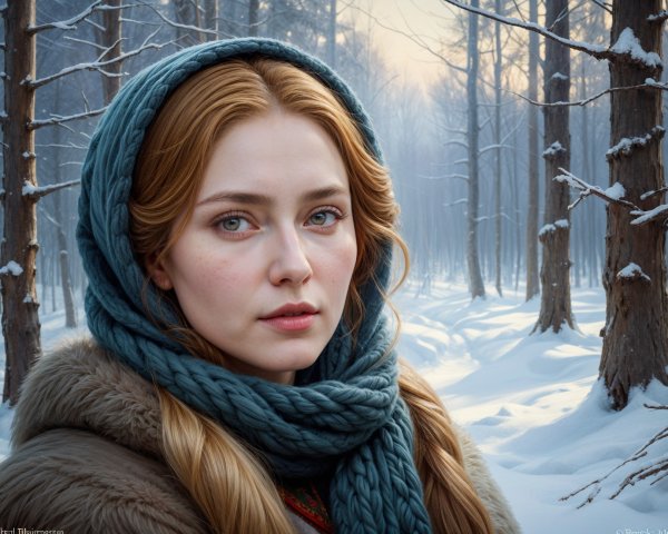 Young woman in winter attire in a serene forest setting