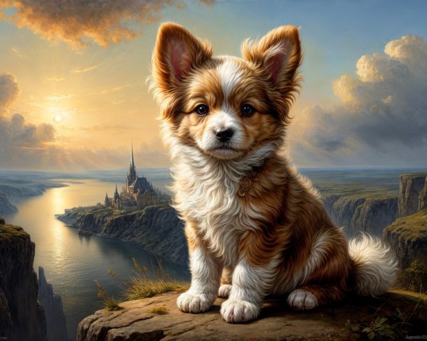 Fluffy puppy on rocky outcrop with castle backdrop