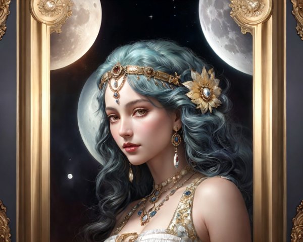 Digital Artwork of Woman with Blue Hair and Jewelry
