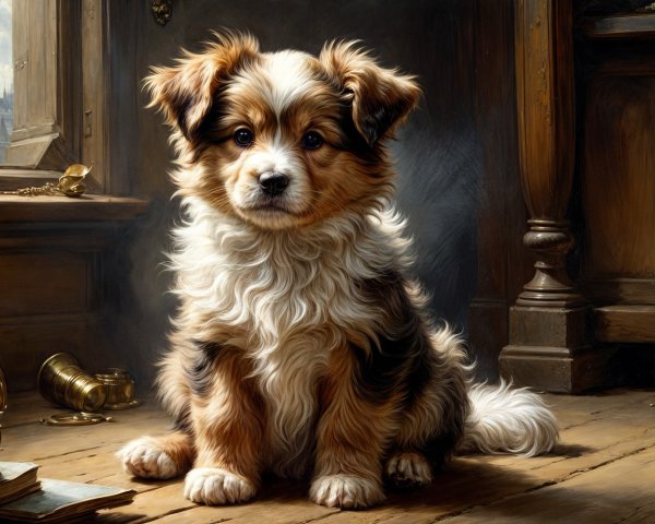 Fluffy Puppy on Wooden Floor in Rustic Setting