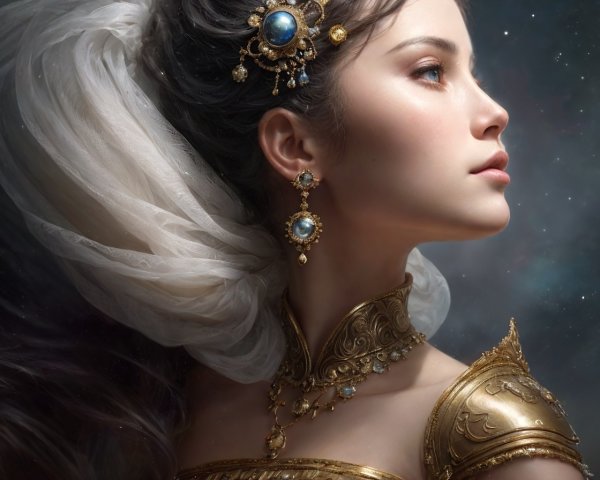 Regal Woman in Gold Jewelry Against Starry Background