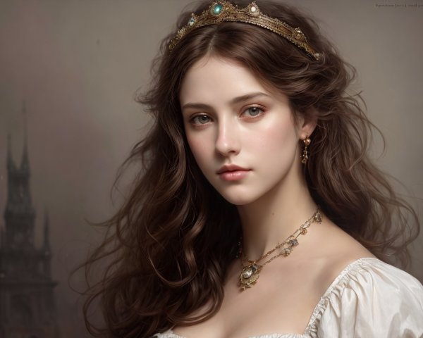 Young woman in elegant dress with tiara and jewelry