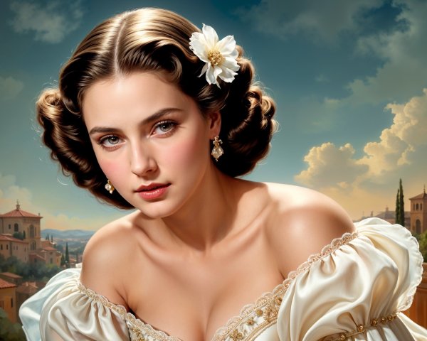 Elegant Woman in Off-Shoulder Gown with Flower