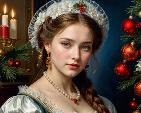 Young woman in festive historical attire with decorations