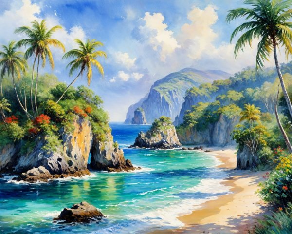 Vibrant Coastal Paradise with Palm Trees and Waves