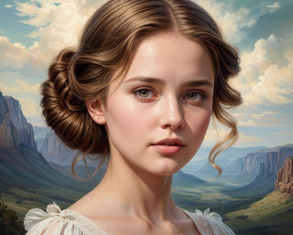 Young girl with elegant updo in serene mountain landscape