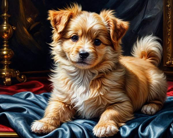 Fluffy Golden Puppy on Blue Satin with Elegant Drapery