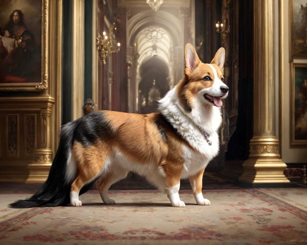 Pembroke Welsh Corgi in Luxurious Room with Classical Paintings