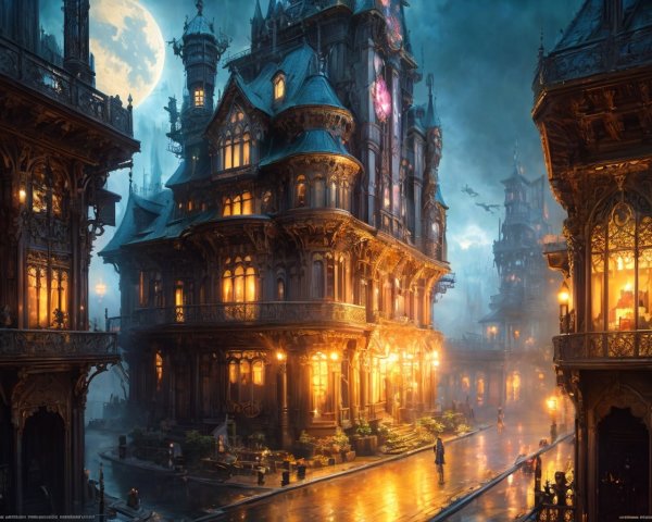 Fantastical Night Cityscape with Whimsical Architecture