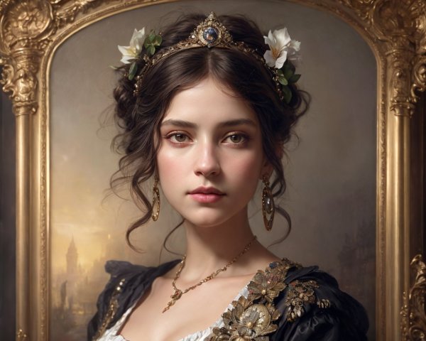 Woman portrait with floral headpiece and golden mirror frame