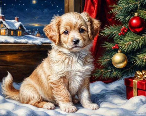 Golden Puppy in Cozy Winter Scene with Christmas Tree