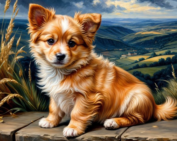 Fluffy Golden-Orange Puppy on Wooden Surface