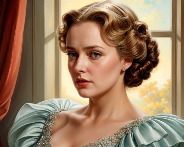 Young woman in vintage gown gazes from a window