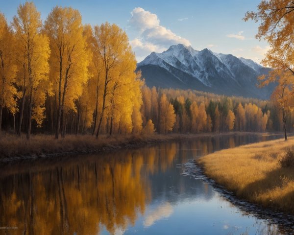 Autumn River Landscape with Golden Trees and Snow-Capped Mountains