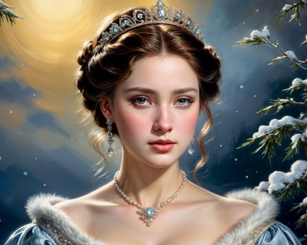 Young Woman in Elegant Blue Gown in Winter Scene