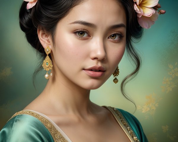 Young woman in green attire with floral accents