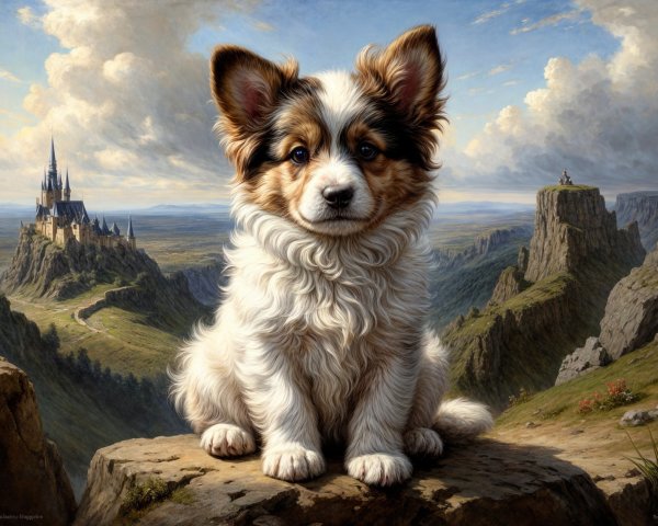 Fluffy Puppy on Rocky Outcrop with Castle Background