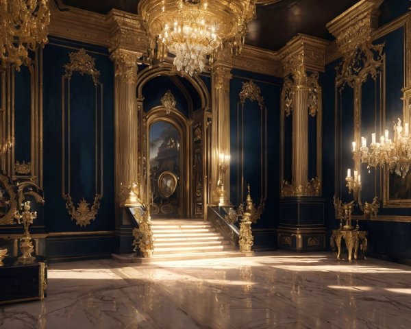 Opulent interior with blue walls and gold accents