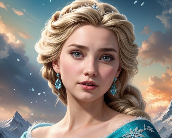 Young woman in blue gown with tiara in snowy landscape