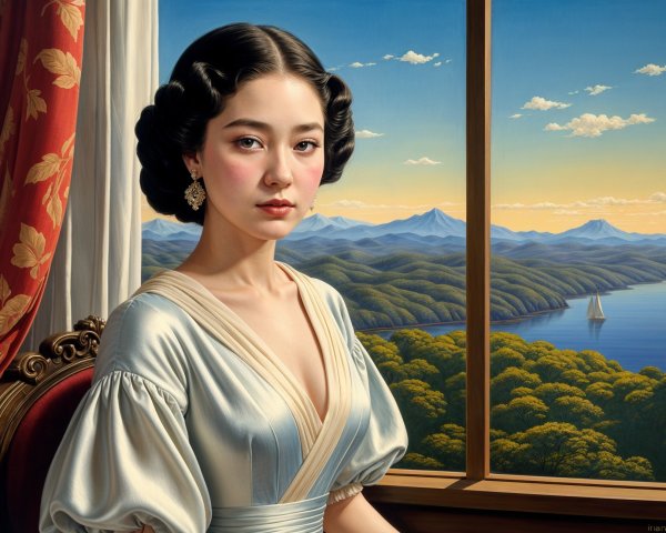Young woman in vintage dress by serene landscape window