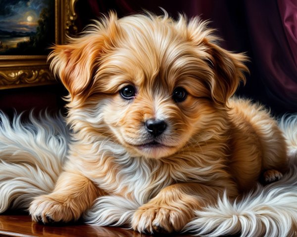 Golden puppy resting on white fur blanket with decor
