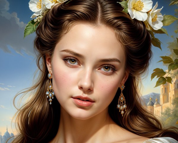 Young woman with flowers and elegant earrings in landscape