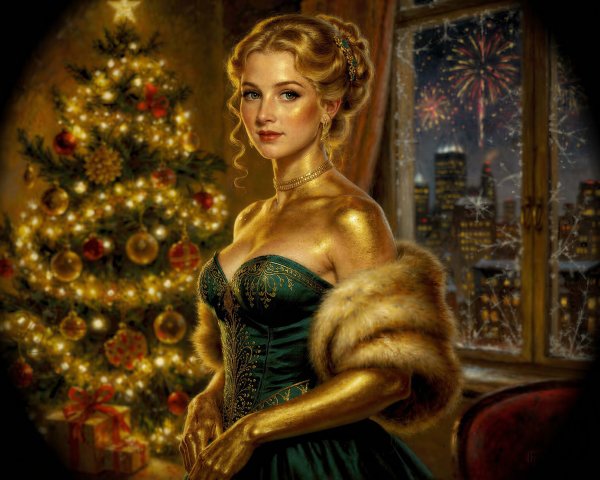 Elegant Woman in Dark Green Dress with Christmas Tree