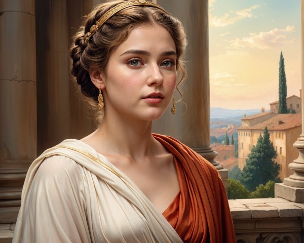 Elegant Young Woman in Classical Setting with Landscape
