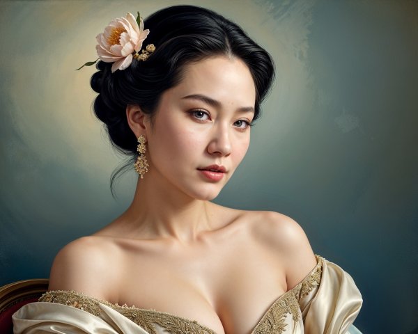 Elegant Woman in Off-Shoulder Gown with Floral Updo