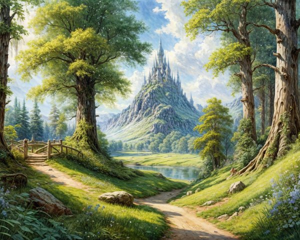 Serene landscape with castle, river, and wildflowers
