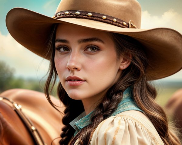 Young woman in hat against green fields and blue sky