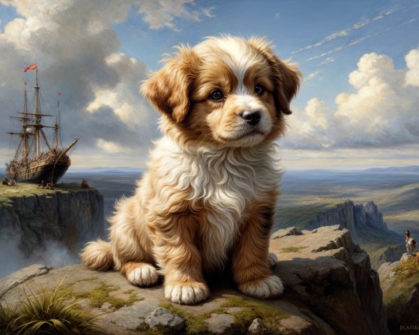 Golden-brown puppy on a rocky ledge with ship backdrop