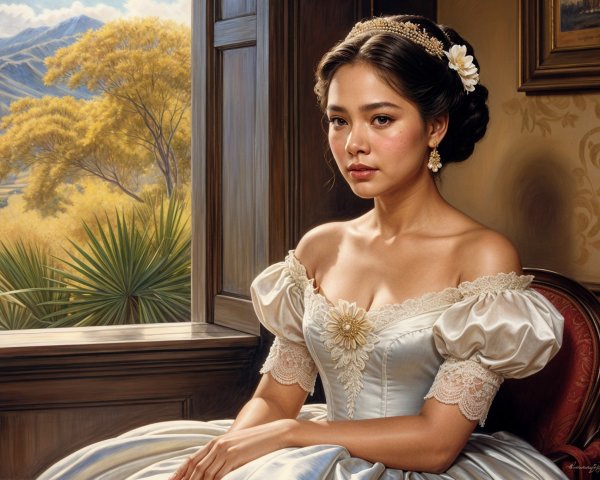 Young woman in pale blue gown by a window