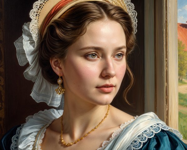 Young Woman in Elegant Dress Gazing Out Window