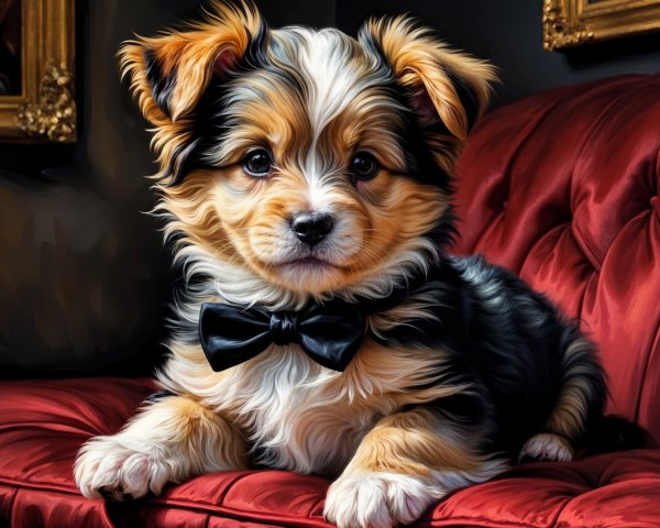 Charming Puppy on Plush Red Velvet Sofa with Bow Tie