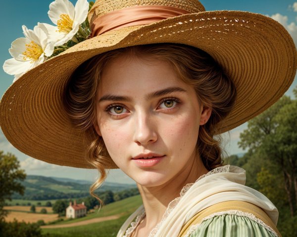 Young Woman in Straw Hat Amidst Serene Countryside