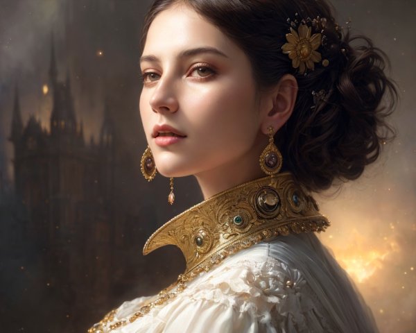 Portrait of a Woman with Elegant Jewelry and Castle