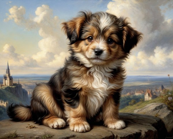 Tri-colored puppy on rocky ledge with scenic landscape