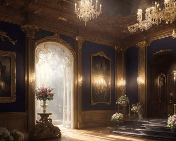 Luxurious Room with Golden Chandeliers and Elegant Paintings