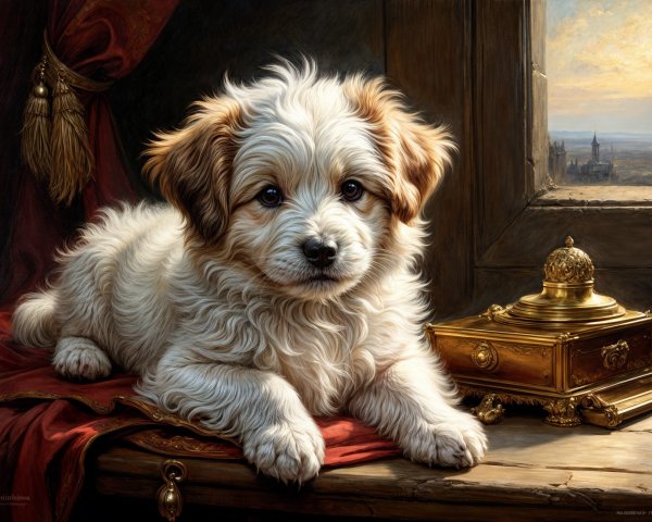 Fluffy golden puppy on a richly draped table