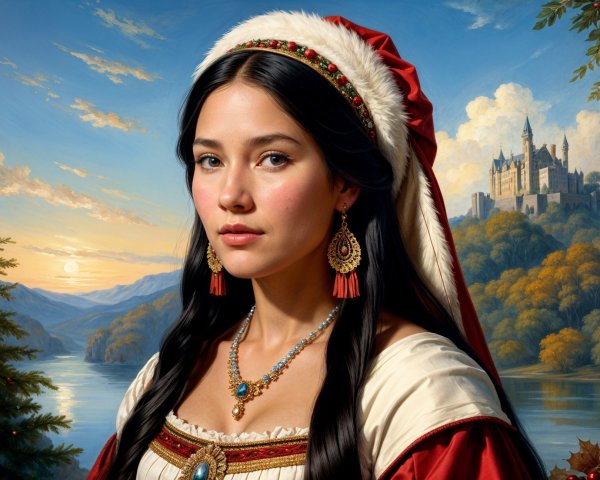 Young woman in red dress with serene landscape backdrop