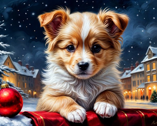 Puppy in Winter Scene with Snow and Holiday Decor