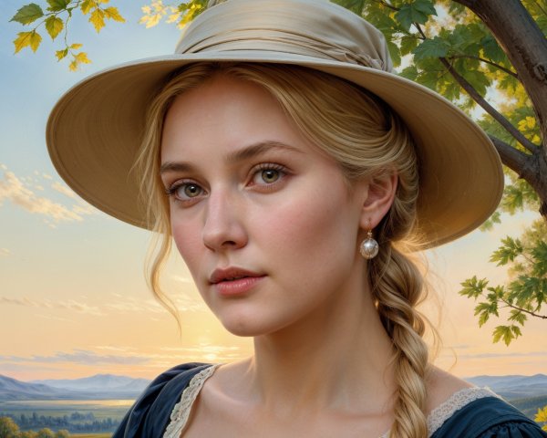 Young Woman in Sunset with Scenic Landscape Background