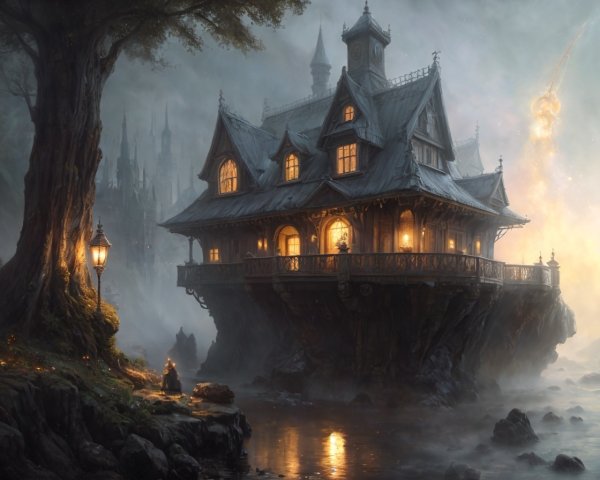 Victorian House on Cliff with Gothic Spires and Star