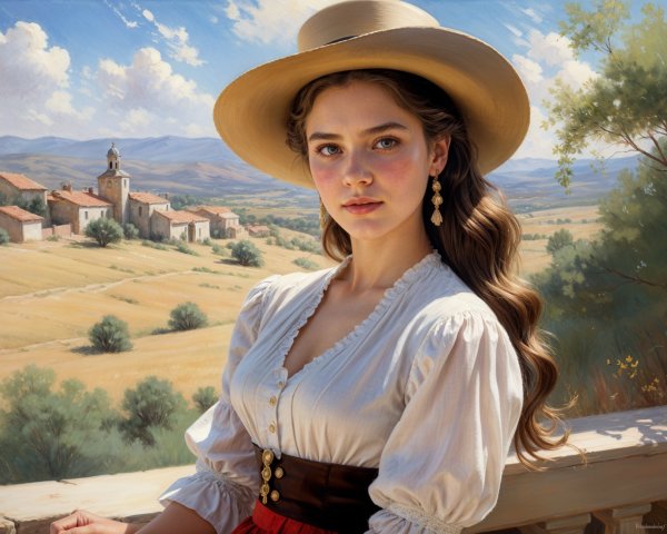 Young woman in scenic landscape with stylish attire