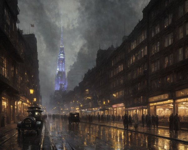 Twilight City Street with Vintage Street Lamps and Tower