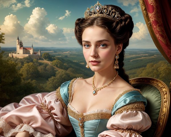 Regal Young Woman in Luxurious Pastel Gown and Tiara