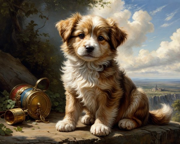 Fluffy Puppy on Wooden Surface with Scenic Background